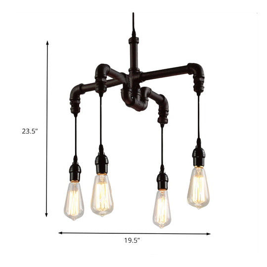 Rustic Water Pipe Ceiling Light with 4 Bulbs - Antique Bronze/Black Wrought Iron Chandelier Lamp