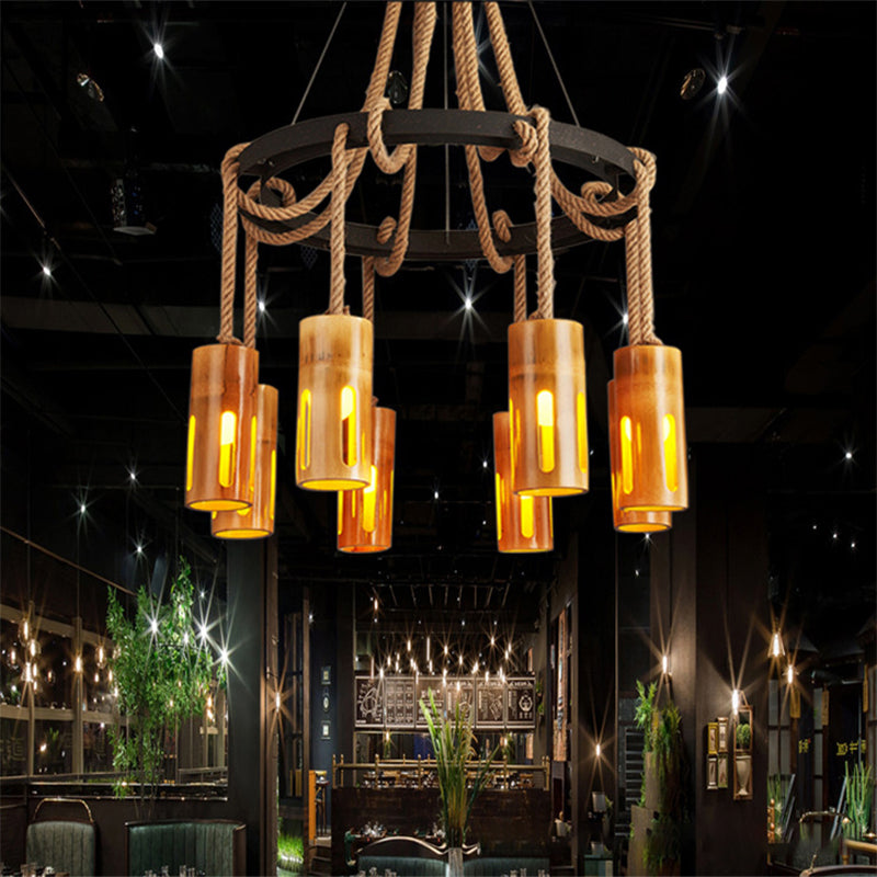 Lodge Style Bamboo Chandelier Pendant Lamp With Multi Lights And Hanging Rope - Stylish Lighting