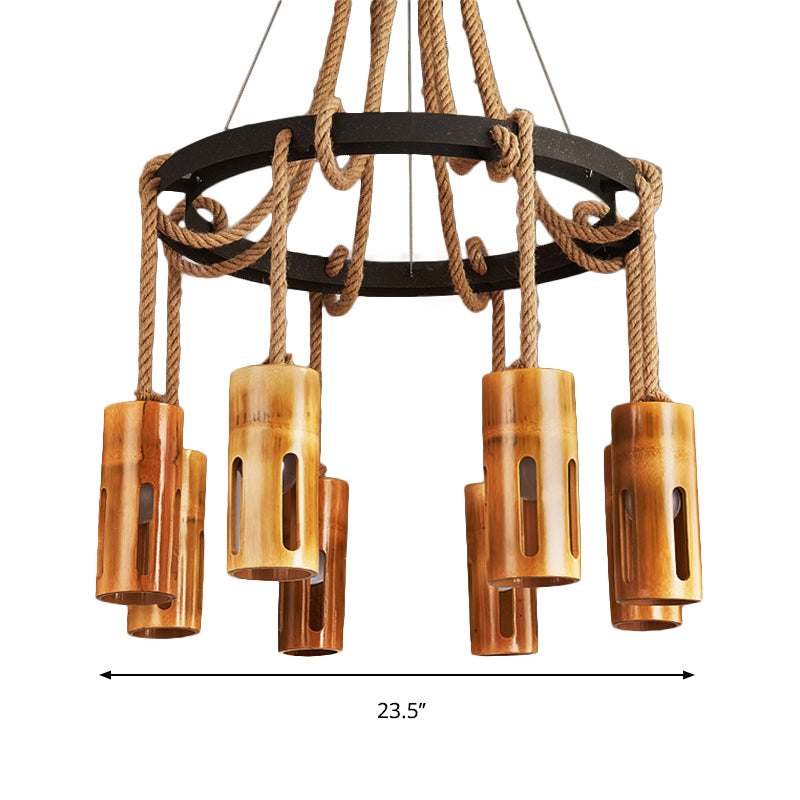 Lodge Style Bamboo Chandelier Pendant Lamp With Multi Lights And Hanging Rope - Stylish Lighting