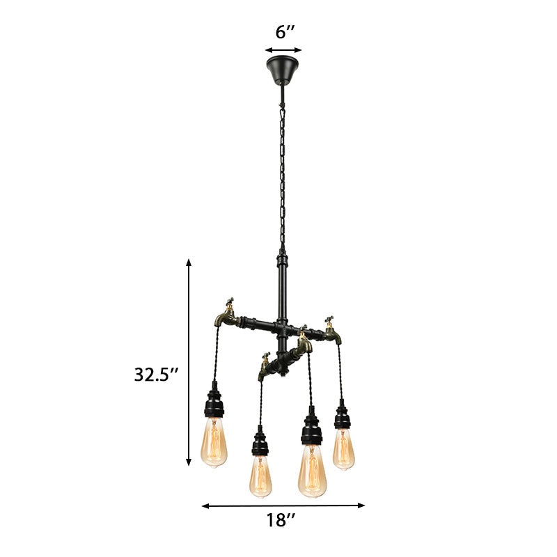 Farmhouse Style Indoor Ceiling Lamp: Metallic Pipe With Faucet Design 4 Bulbs Black Hanging