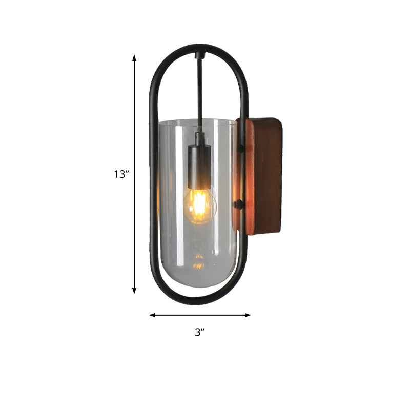 Industrial Black Cylinder Sconce Lighting - Clear/Amber Glass Wall Mount Fixture