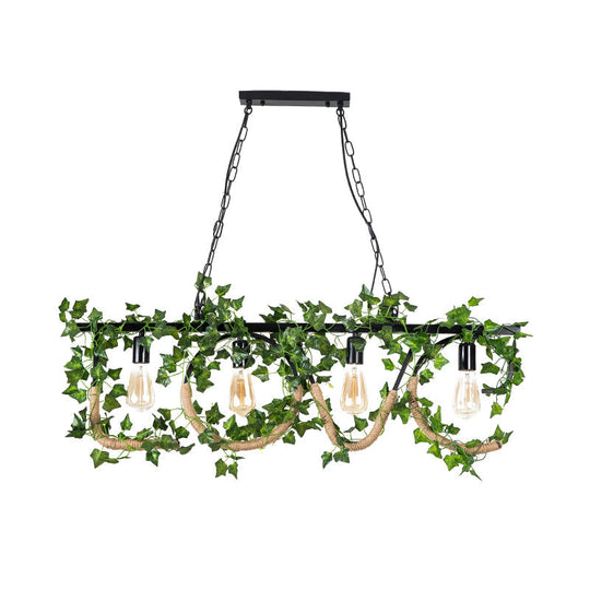 Black Metal 4-Light Linear Island Lamp With Hanging Artificial Plant - Lodge Style