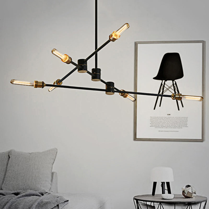 Metallic 6-Light Linear Chandelier: Industrial Style Ceiling Fixture For Living Room Black