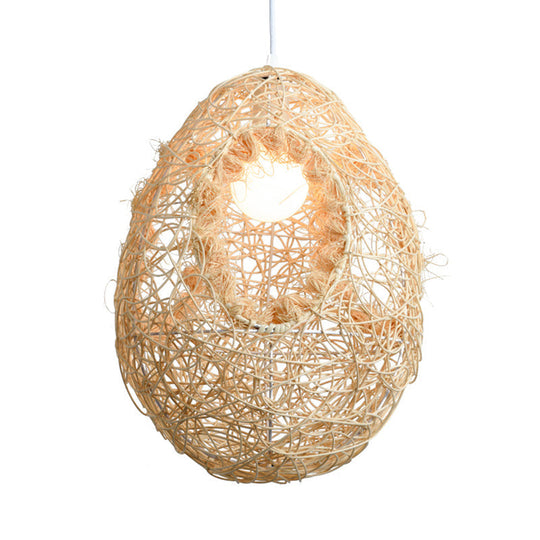 Rustic Rattan Egg Pendant Light For Restaurants - Single Bulb Hanging Lamp In Beige