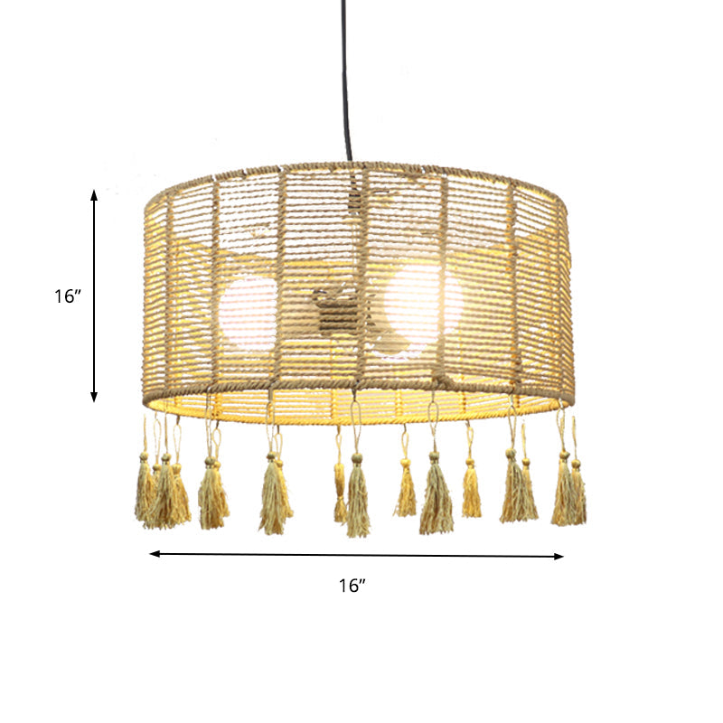 Modernist Style Rattan Pendant Lamp - 12/16 Wide Drum Shade Beige 1/3-Light Tassel Detail