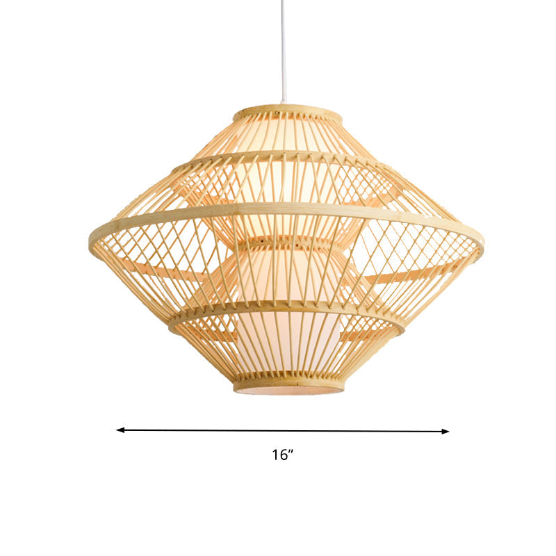 16/19.5 Asian Style Bamboo Weaving Pendant Lamp - 1 Light Beige Fixture For Living Room
