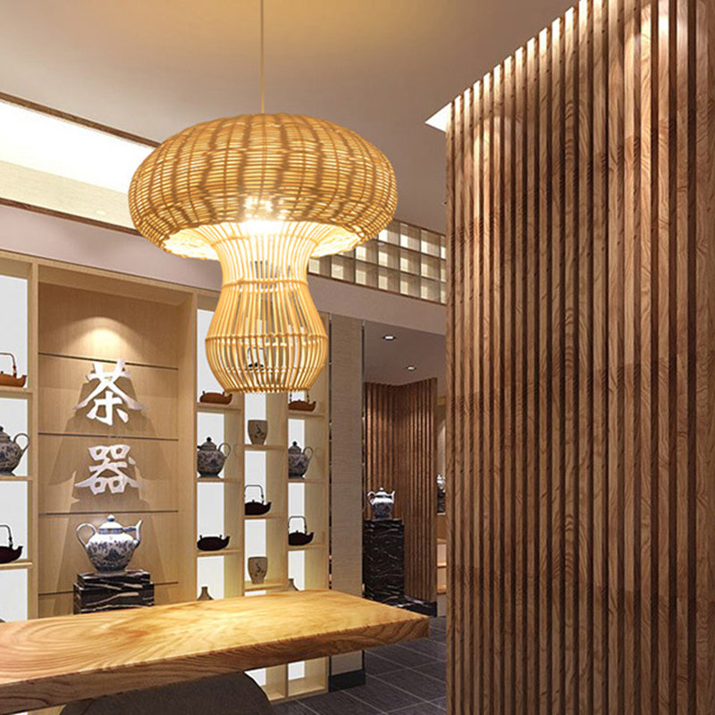 1-Light Asian Style Hallway Hanging Pendant Light With Rattan Mushroom Shade - Brown/Beige Beige