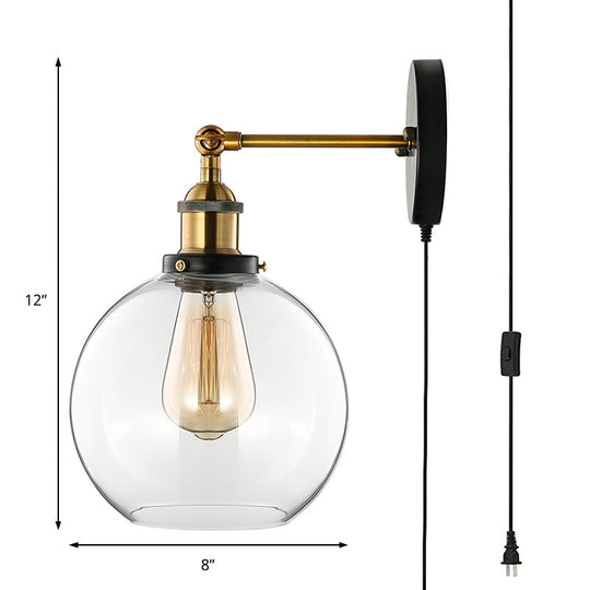Vintage Style Brass Sconce Light With Clear Glass Bubble Plug-In Cord - One-Light Lighting Fixture