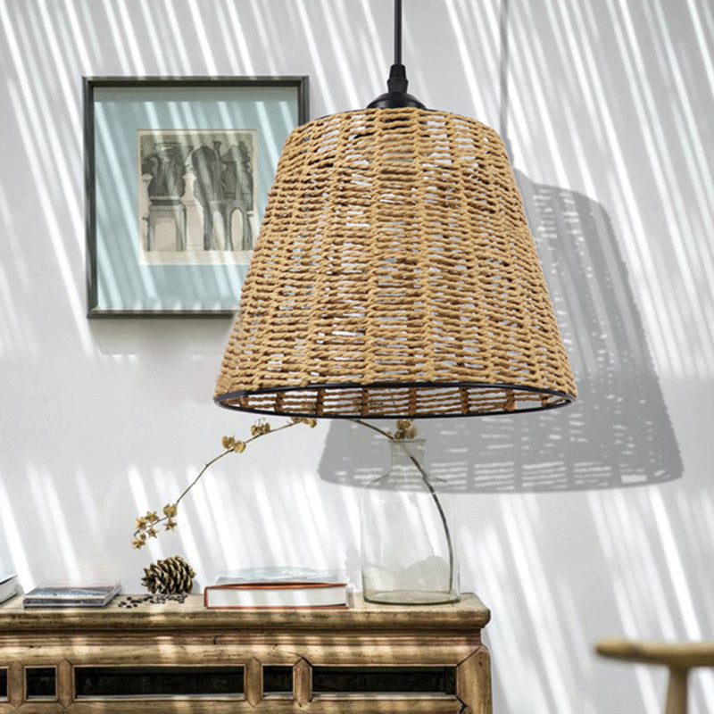Modern Woven Rattan Pendant Lamp - Beige Bucket Hanging Light Fixture 1-Light Indoor