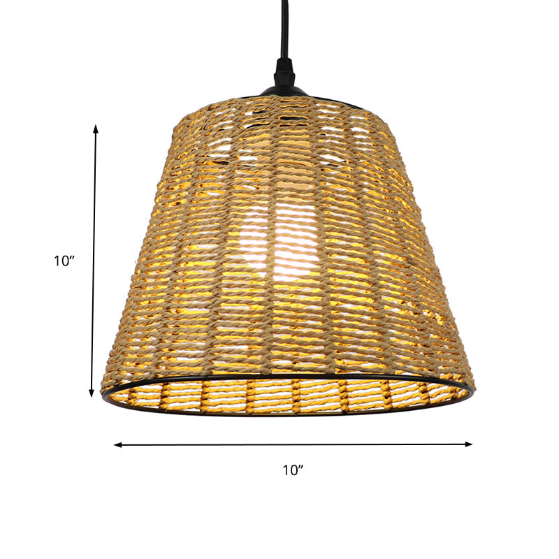 Modern Woven Rattan Pendant Lamp - Beige Bucket Hanging Light Fixture 1-Light Indoor