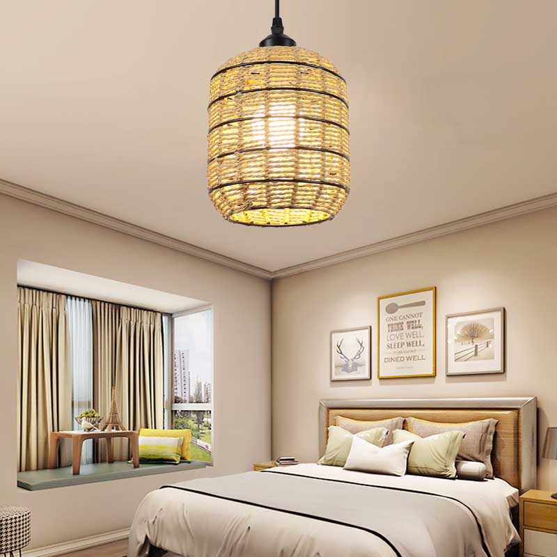 Asian Woven Rattan Lantern Suspension Pendant - Beige Single Light Lamp For Bedroom