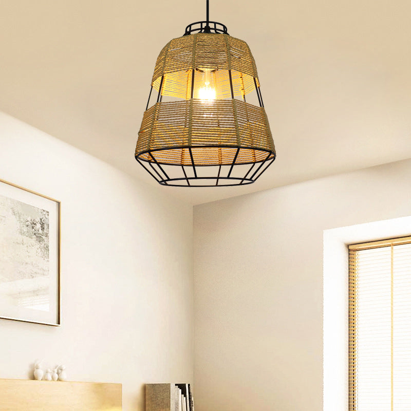 Chinese Straw Rope Barrel Metal Cage Hanging Lamp - 1-Light Beige Drop Ceiling Light Ideal For