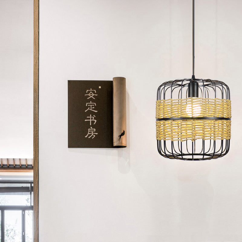 Modern Straw Rope 1-Light Beige Metal Cage Pendant Lamp For Bedroom & Restaurant