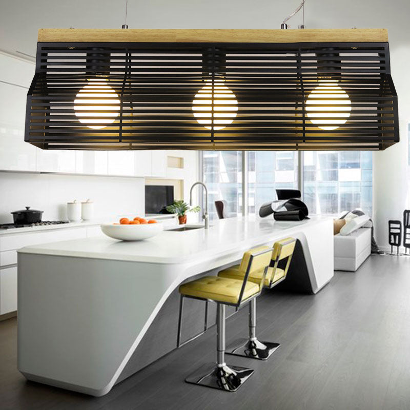 Modern Black/White Linear Island Pendant Light - 3-Light Metal And Wood Dining Room Lighting Black