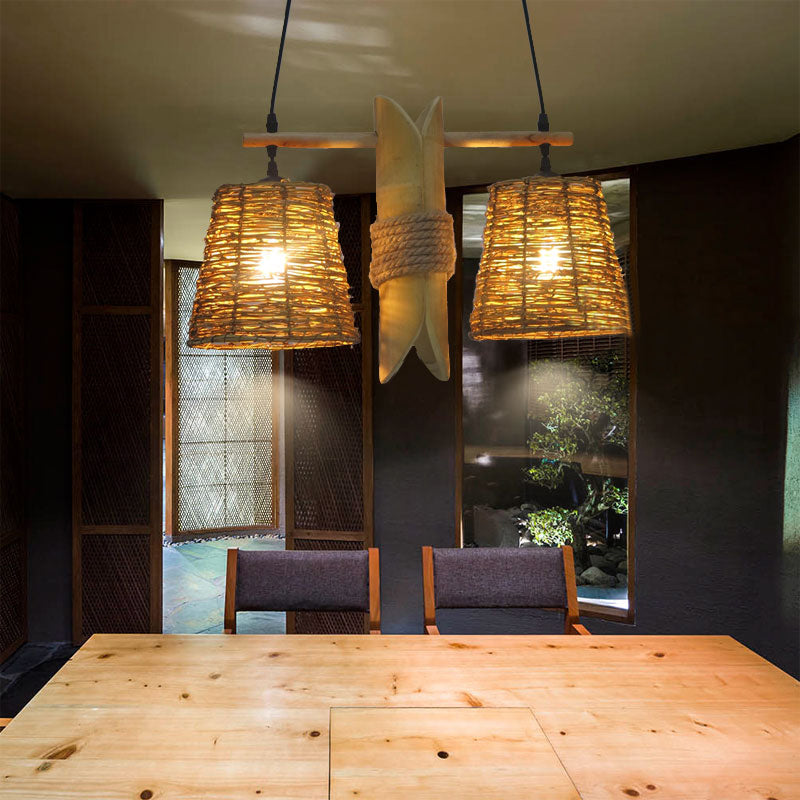 Rustic Rattan Shade Pendant Light Fixture - 2 Bulbs Countryside Island Lighting With Bamboo Design