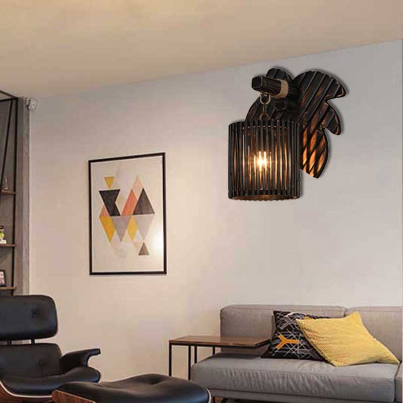 Stylishly Modern Black Cylindrical Wall Light With Bamboo Lamp And Wooden Leaf Backplate