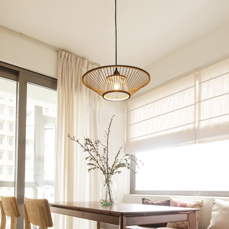 Bamboo Hand-Made Ceiling Lamp - Modern 1-Light Beige Pendant For Dining Room