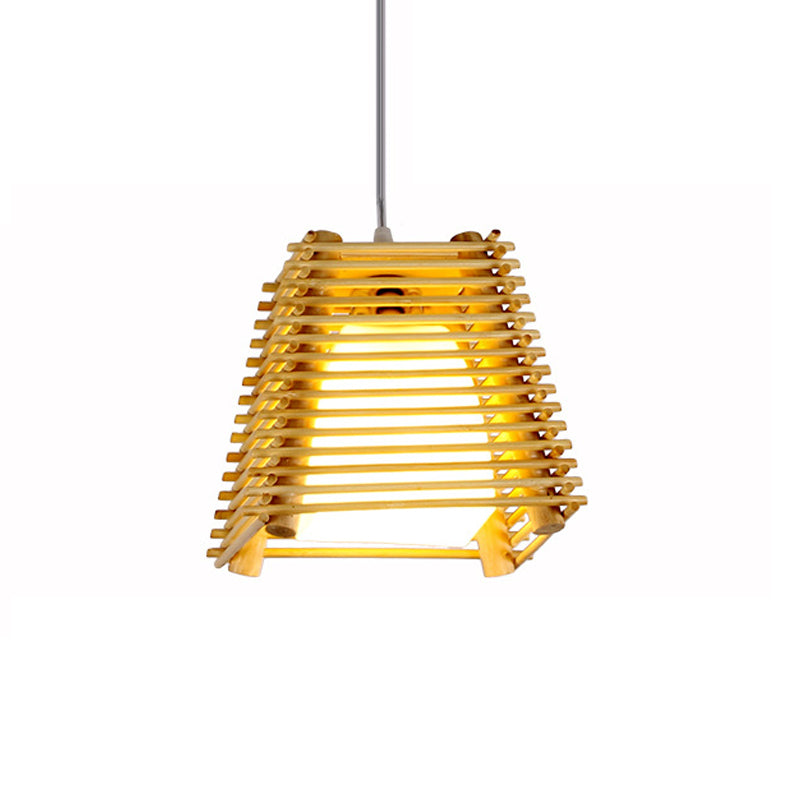 Modern Bamboo Pendant Light with Natural Wood Finish and White Glass Shade