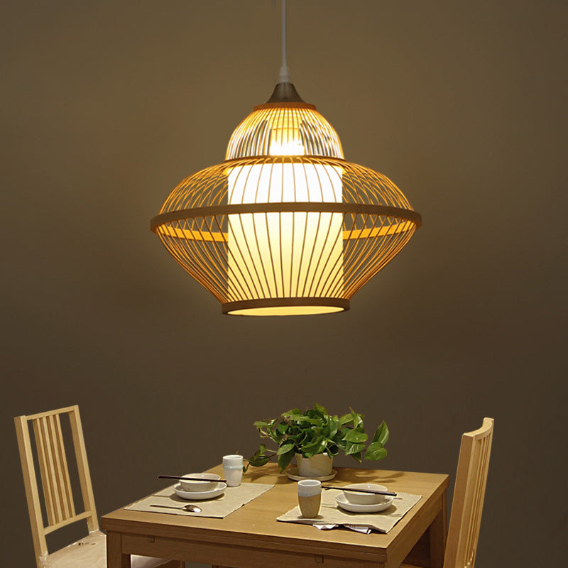 Asian Stylish Beige Gourd Shaped Bamboo Pendant Lamp - 1 Light Hanging Lighting With Inner Cylinder