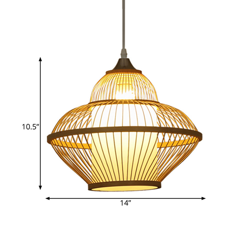 Asian Stylish Beige Gourd Shaped Bamboo Pendant Lamp - 1 Light Hanging Lighting With Inner Cylinder