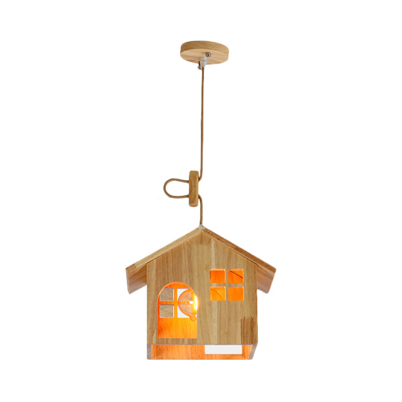 Modern Wooden House Pendant Lamp - 1-Light Natural Wood Hanging Light for Dining Room with Adjustable Cord