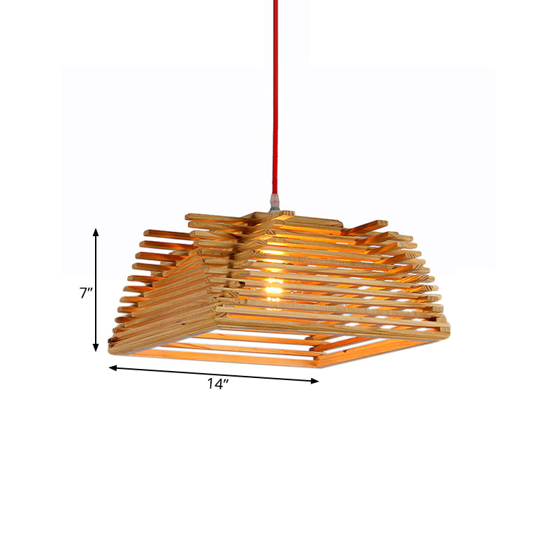 Square Wooden Pendant Light - Asian Style Hanging Lamp with Adjustable Cord for Living Room Décor