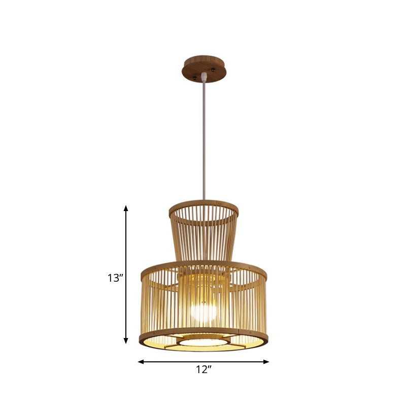 Countryside Bamboo 2-Tier Drum Hanging Light - 1 Beige Pendant Ceiling For Bedroom
