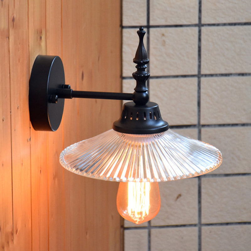 Industrial 1-Light Black Sconce With Clear/Green Glass Cone/Wide Flare For Living Room Wall Clear /