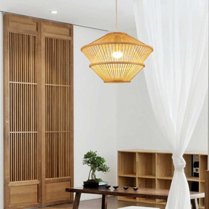 Handcrafted Asian Bamboo Pendant Light Fixture - Elegant 1-Light Beige Hanging Lamp For Dining Table
