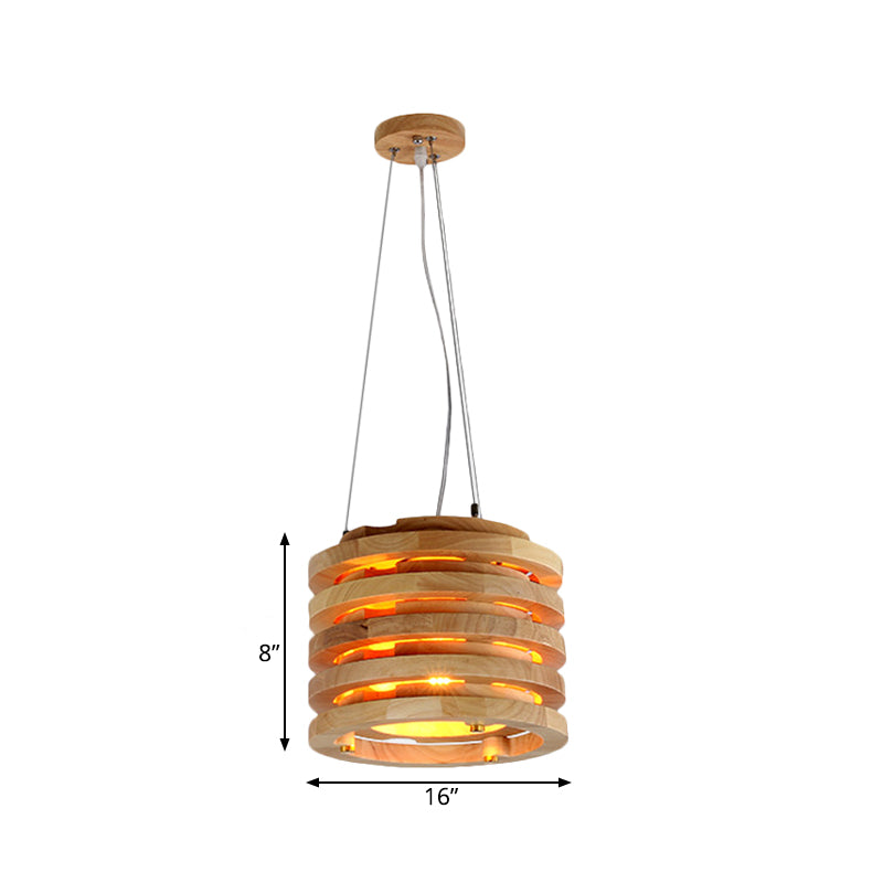 Contemporary Wooden Cylindrical Hanging Light - 10/16 Wide Natural Wood Ideal For Living Room