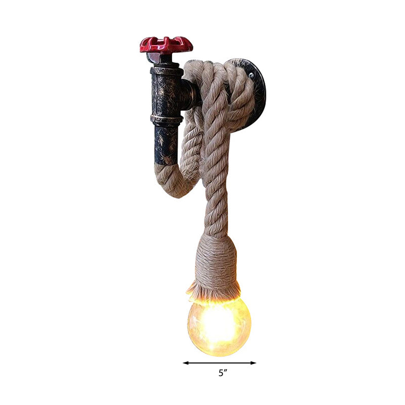 Lodge Style Water Pipe Wall Light With Hanging Rope - 1-Bulb Sconce Fixture In Beige