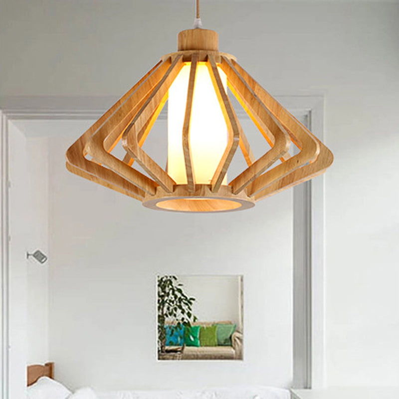 Modern 1-Bulb Wood Diamond Pendant Light With Cylinder Glass Shade - Natural 13/17 Wide