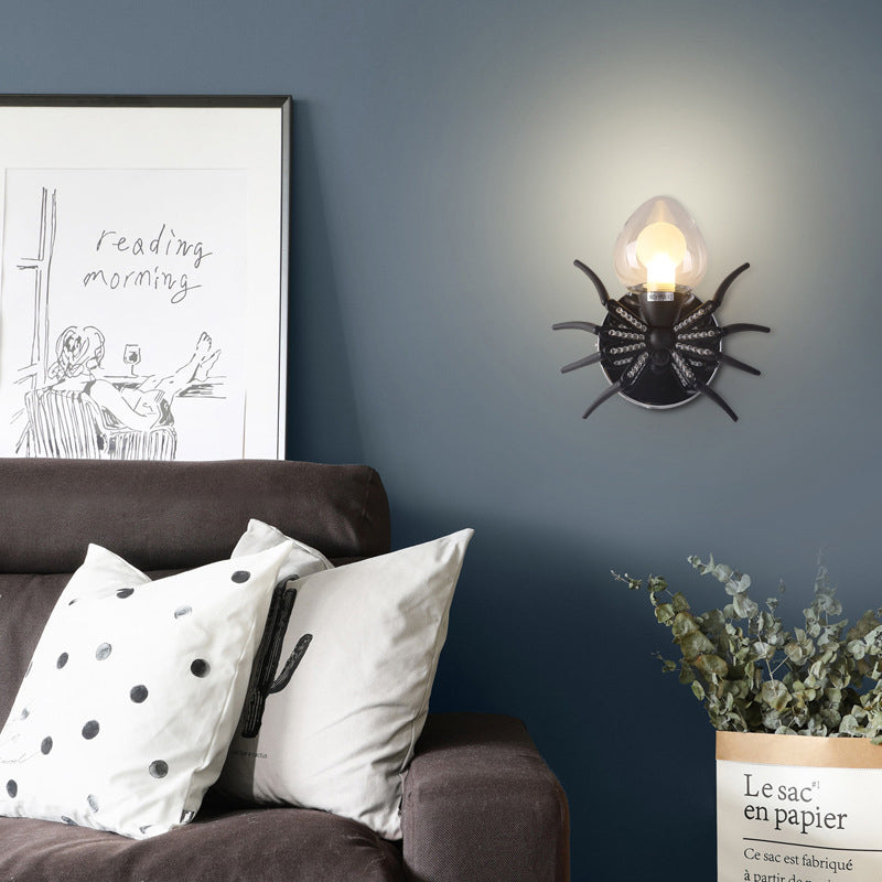 Black Metal Spider Wall Sconce With Lodge Loft Shade - 1 Light Lamp
