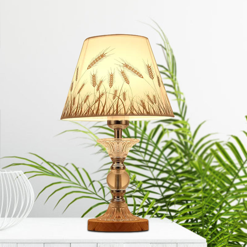 Spikelet Pattern Conic Table Lamp: Countryside White Fabric Night Light With Chrome Column Base