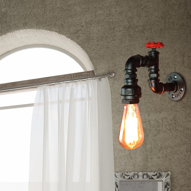 Black Rustic Industrial Wall Sconce Light With Red Faucet Valve For Living Room