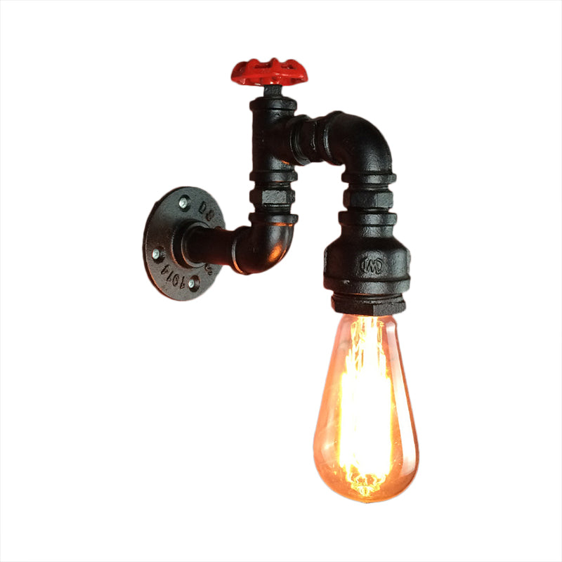 Black Rustic Industrial Wall Sconce Light With Red Faucet Valve For Living Room