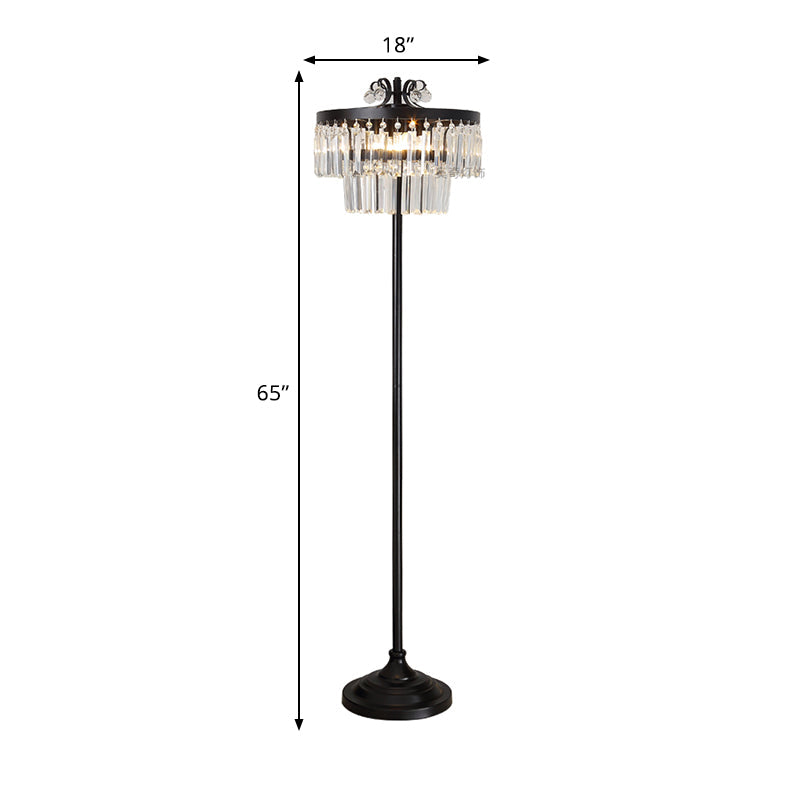 Contemporary Crystal Black Floor Lamp With 2-Tier Drum Shade - Stunning Standing Light