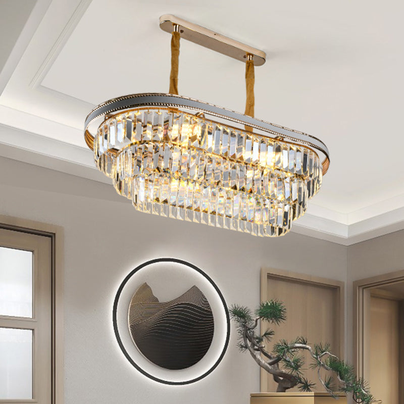 Contemporary 3-Tier Oval Island Pendant With Clear Crystal - 8 Head Living Room Hanging Lamp