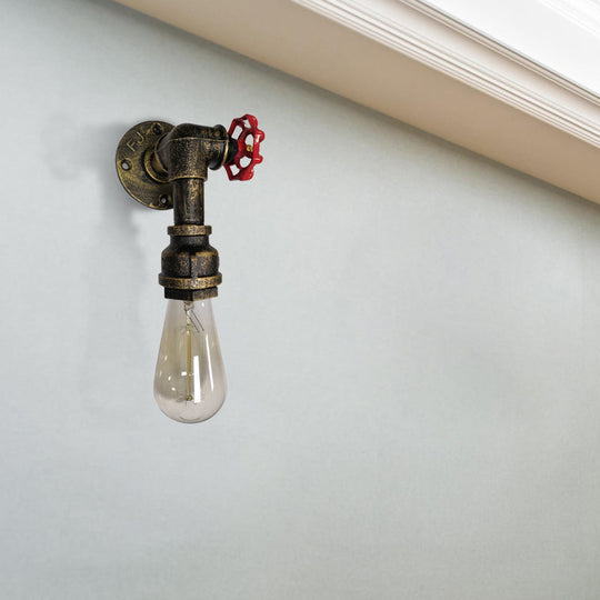 Metal Wall Lighting - Industrial Black/Antique Brass Water Pipe Sconce Light For Bedroom With Valve
