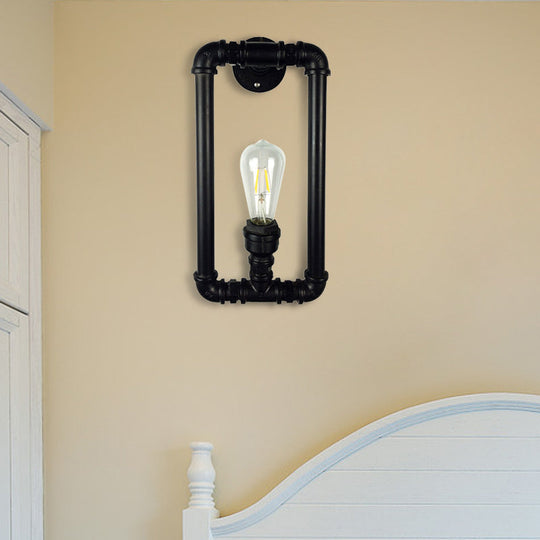 Industrial Metal 1-Light Bedroom Sconce Lamp In Matte Black Rectangle Design With Pipe Detailing