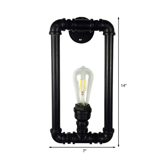 Industrial Metal 1-Light Bedroom Sconce Lamp In Matte Black Rectangle Design With Pipe Detailing