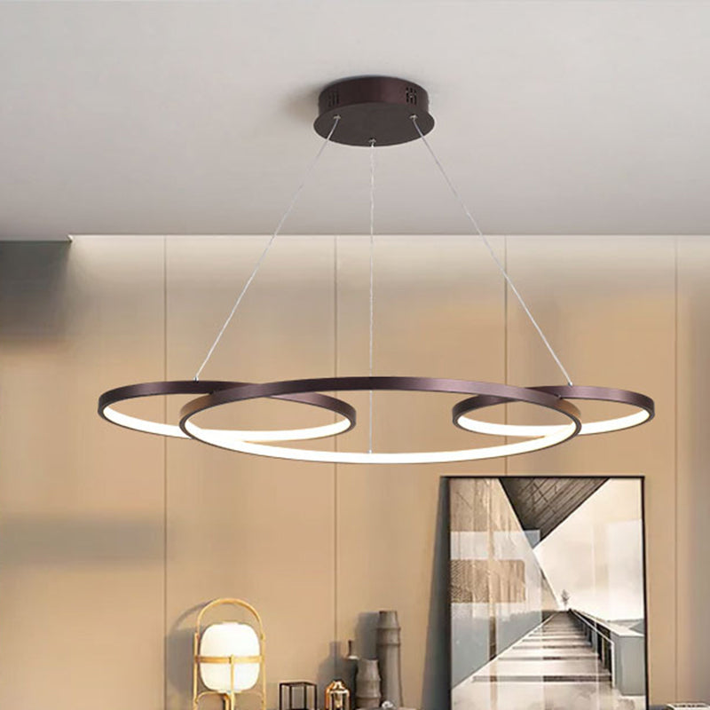 Sleek Coffee Minimalist Metal Led Chandelier - 3-Ring Hanging Lamp For Drawing Room Warm/White Light