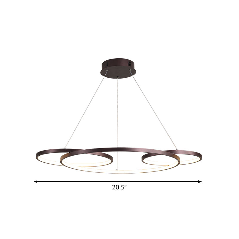 Sleek Coffee Minimalist Metal Led Chandelier - 3-Ring Hanging Lamp For Drawing Room Warm/White Light
