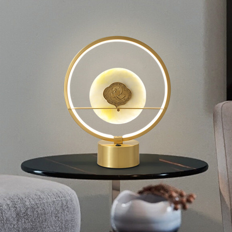 Amaya - Nordic Nordic Style Ring Night Light Metallic LED Bedside Table Lighting with Round Jadeite Inside in Gold