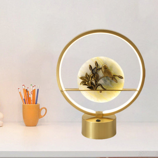 Modernist Metal Led Gold Desk Lamp With Floral Bird Decor - Circle Night Table Light