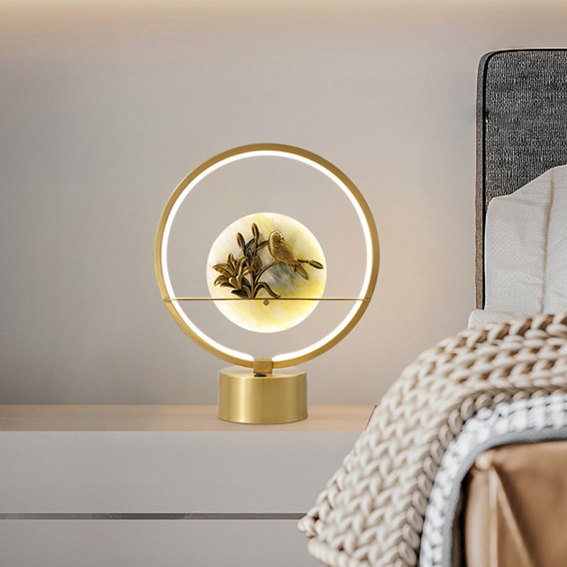 Ruchba - Circle Gold Metal LED Night Table Light with Flower and Bird Decor