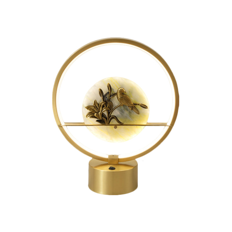 Ruchba - Circle Gold Metal LED Night Table Light with Flower and Bird Decor