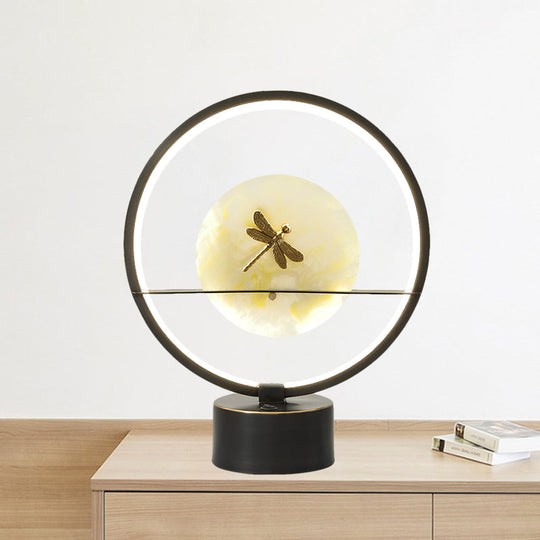 Minimalist Led Metal Desk Lamp - Black Round Night Light With Dragonfly Detail
