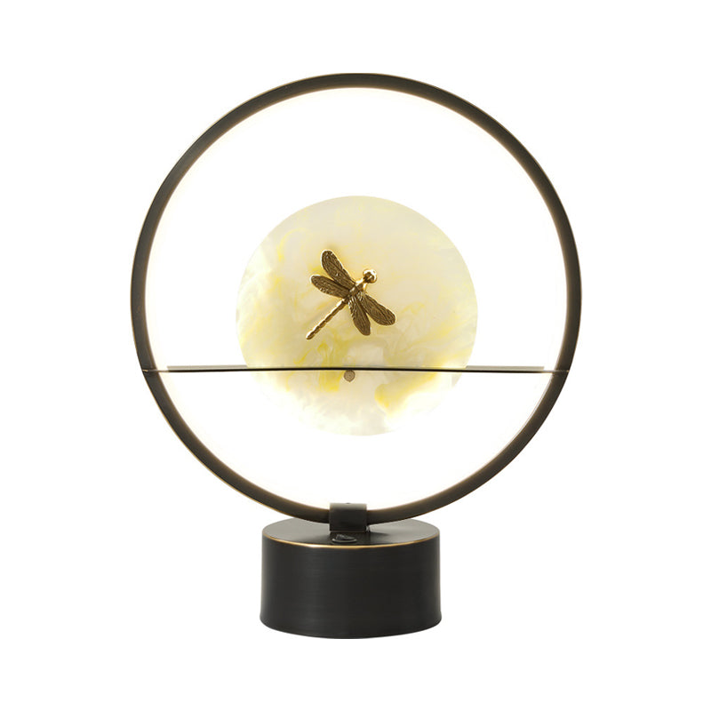 Minimalist Led Metal Desk Lamp - Black Round Night Light With Dragonfly Detail