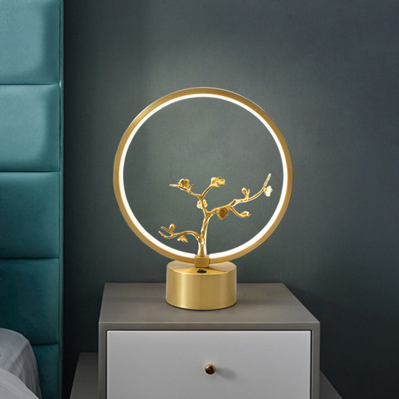Gold Led Tree Decor Night Light - Modern Metallic Ring Table Lighting